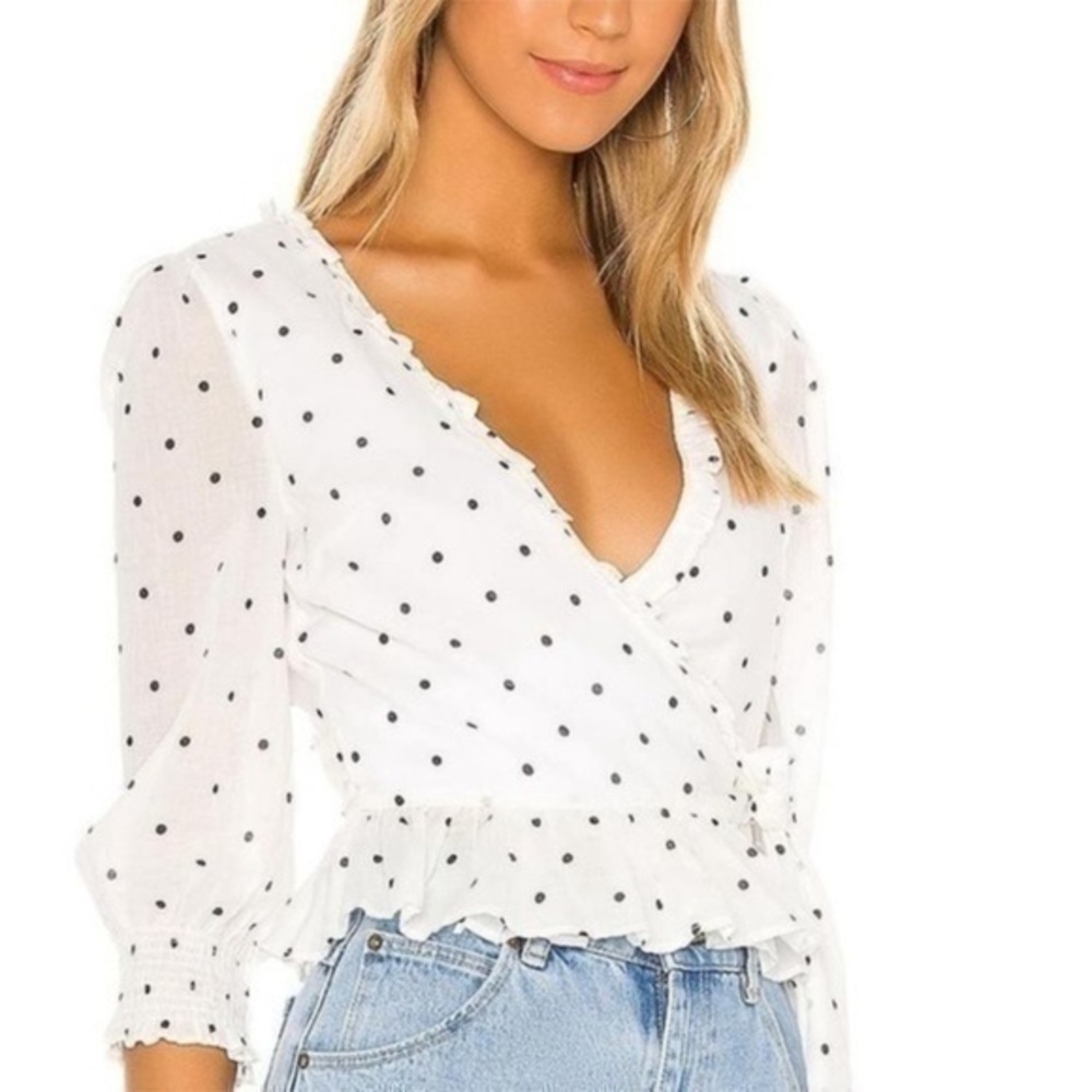 PRIVACY PLEASE White & Black Dot Jane wrap top